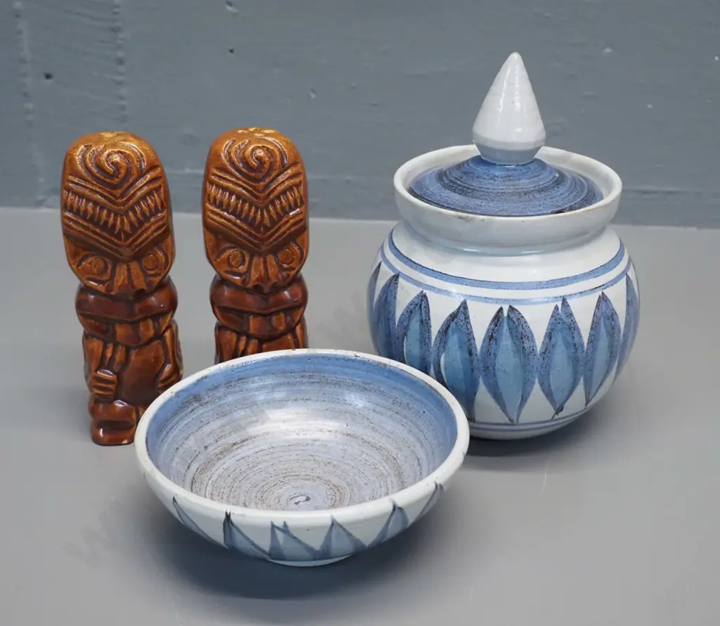 2 tiki motif salt & pepper (no stoppers, no maker's name) and 2 pieces Hanmer pottery - honey pot is H-150 Image 1++