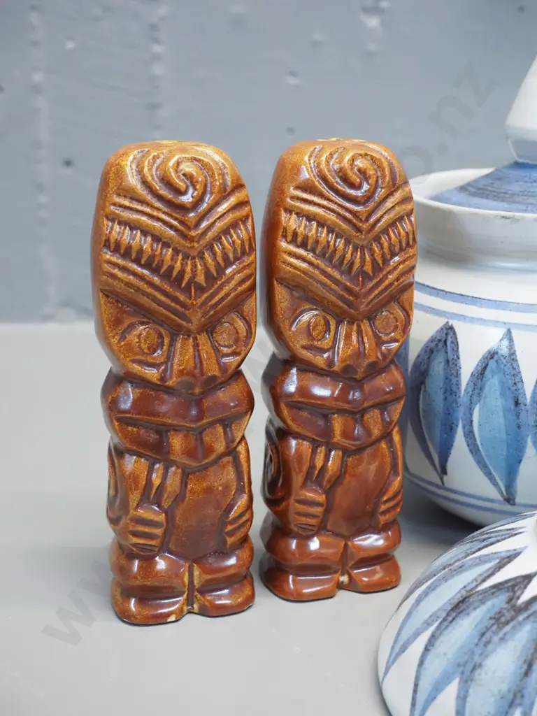 2 tiki motif salt & pepper (no stoppers, no maker's name) and 2 pieces Hanmer pottery - honey pot is H-150 Image 1++