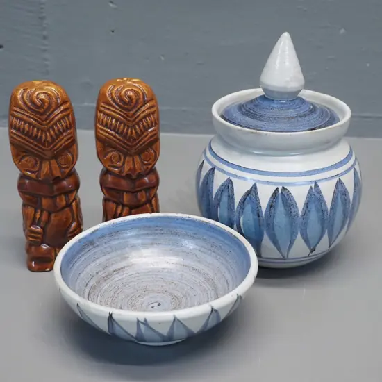 2 tiki motif salt & pepper (no stoppers, no maker's name) and 2 pieces Hanmer pottery - honey pot is H-150
