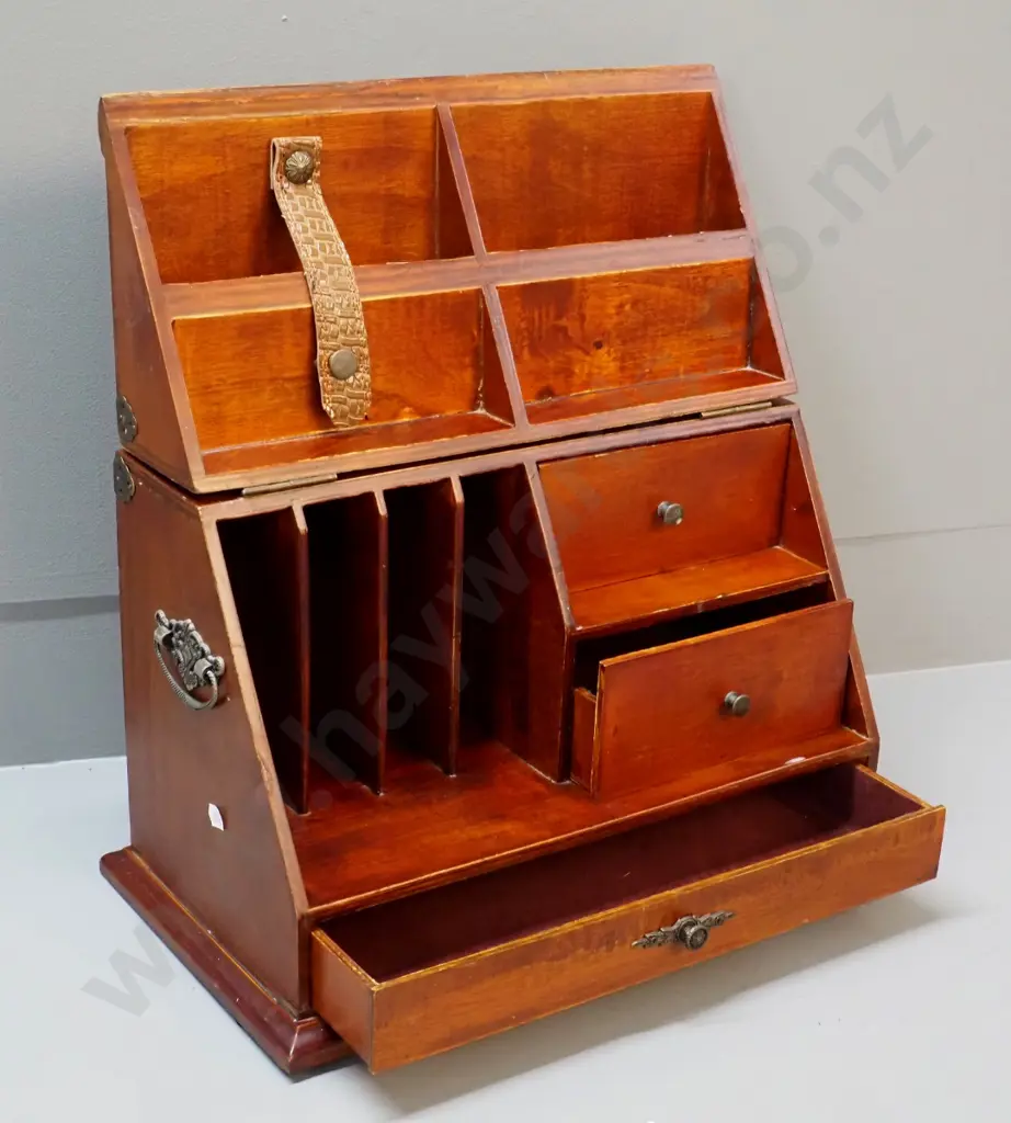 reproduction timber writing / stationery chest with lined drawers, pigeonholes, metal handles & hinges H250 W400 D210 Image 1++