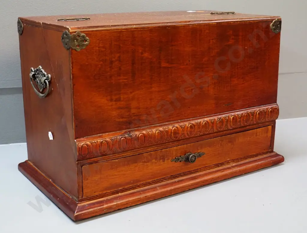 reproduction timber writing / stationery chest with lined drawers, pigeonholes, metal handles & hinges H250 W400 D210 Image 1++