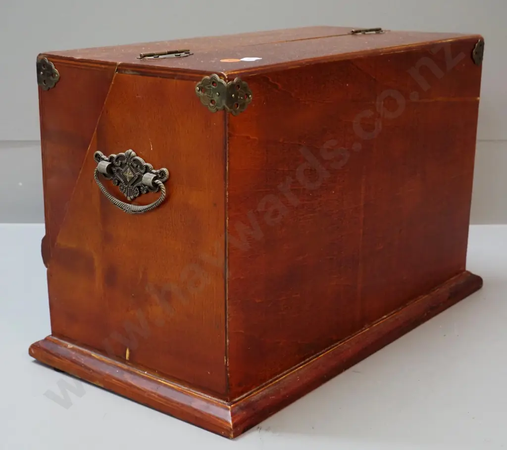 reproduction timber writing / stationery chest with lined drawers, pigeonholes, metal handles & hinges H250 W400 D210 Image 1++