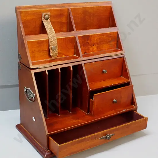 reproduction timber writing / stationery chest with lined drawers, pigeonholes, metal handles & hinges H250 W400 D210