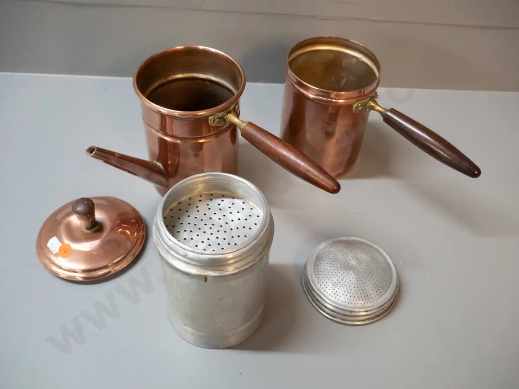 retro copper and brass coffee percolator with wooden handles - marked Italy H250 W-230 at handle Image 1++