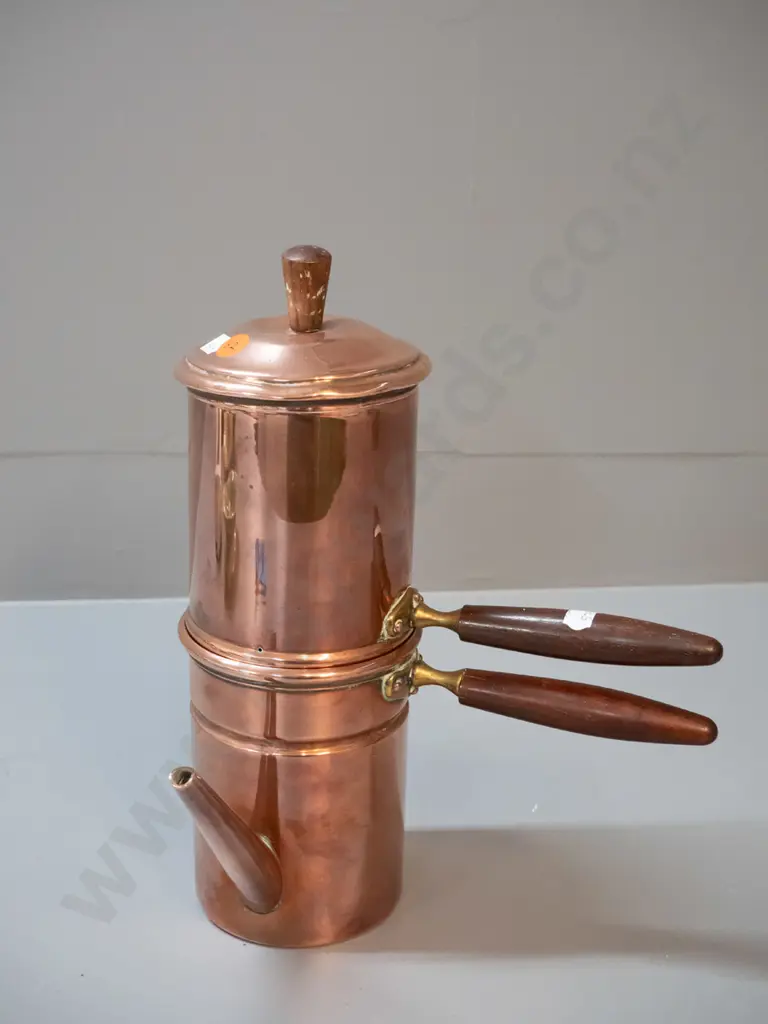 retro copper and brass coffee percolator with wooden handles - marked Italy H250 W-230 at handle Image 1++