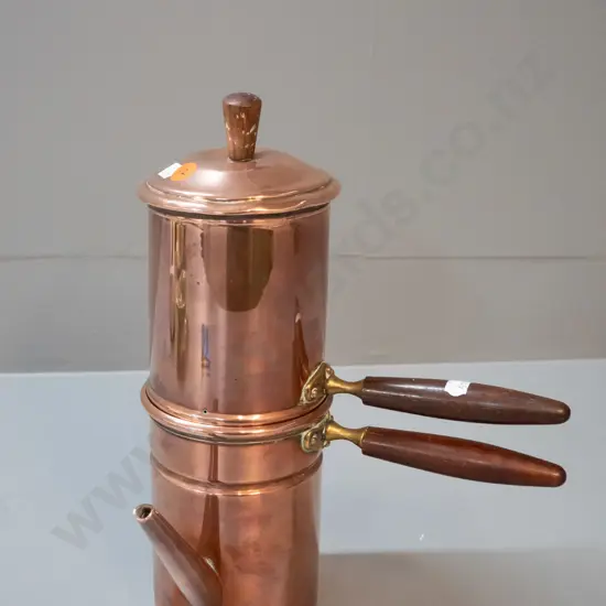 retro copper and brass coffee percolator with wooden handles - marked Italy H250 W-230 at handle