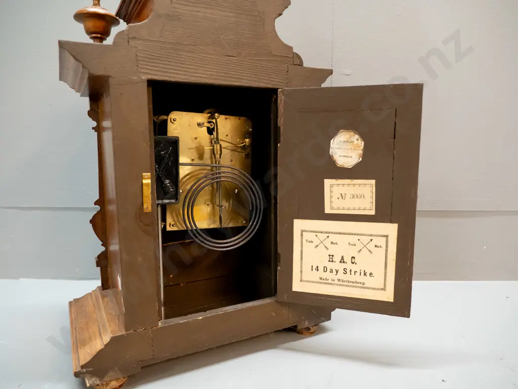 wood-cased H.A.C. Wurtemberg mantel clock with brass pendulum and key, with 1897 presentation plaque - see photos Image 1++
