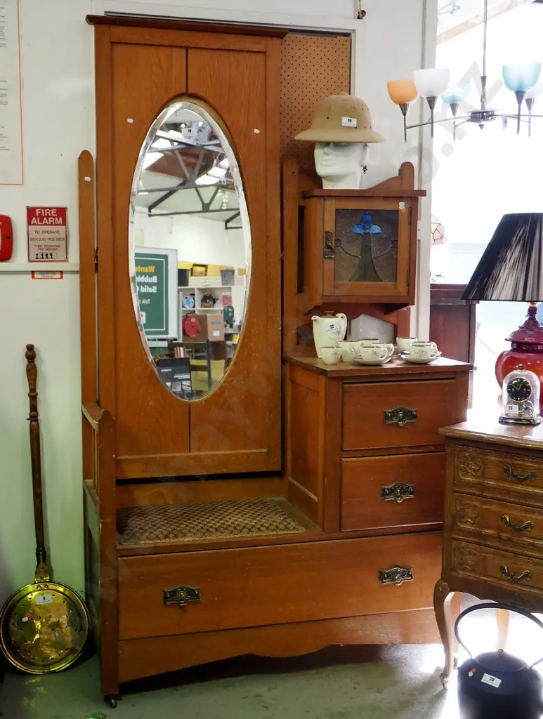 deco oak hall stand with seat, 3 drawers, upper cupboard w/leadlight door and oval bevelled mirror - has some borer, Image 1++