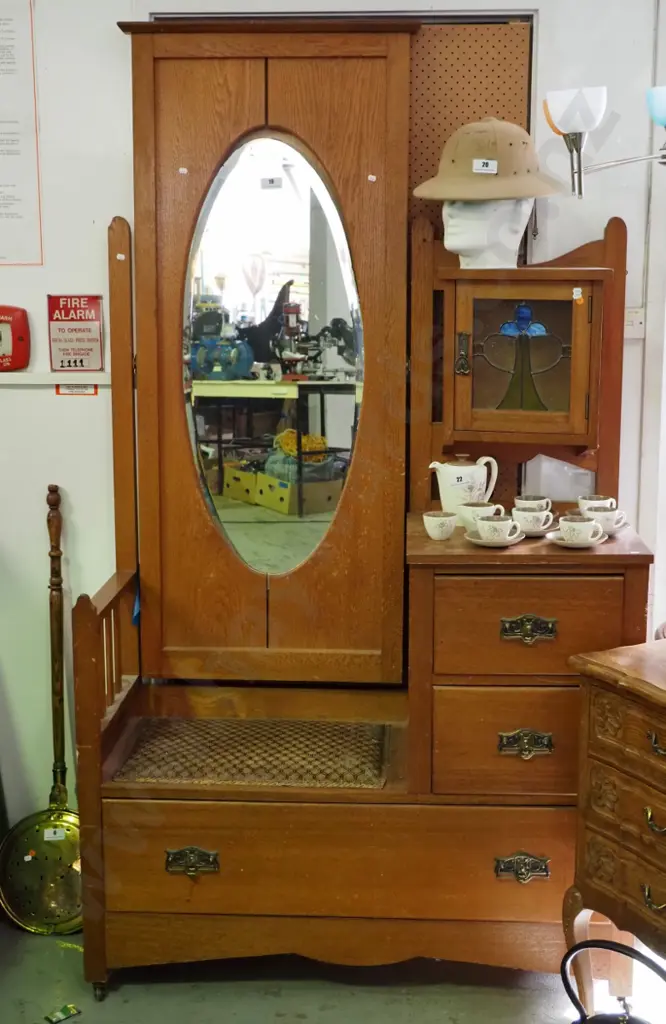 deco oak hall stand with seat, 3 drawers, upper cupboard w/leadlight door and oval bevelled mirror - has some borer, Image 1++