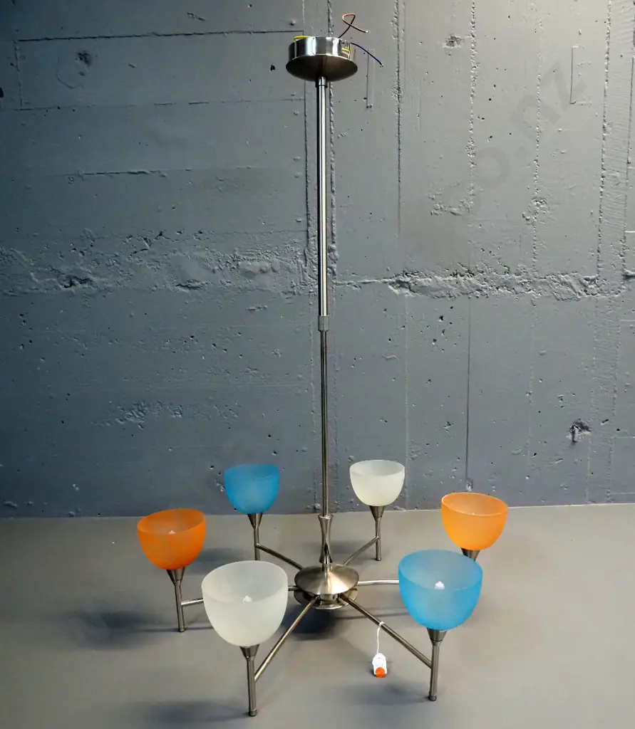 contemporary 6-light ceiling light fitting with frosted glass shades, chrome finish, halogen bulb fittings H-890 D-600 Image 1++