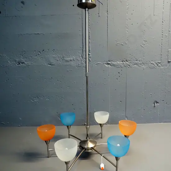 contemporary 6-light ceiling light fitting with frosted glass shades, chrome finish, halogen bulb fittings H-890 D-600