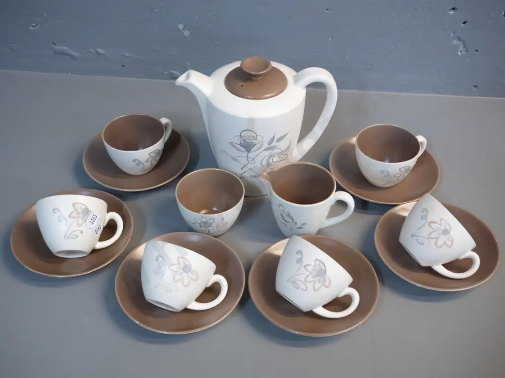 Poole 15-piece coffee set in 2-tone with floral pattern. Some cellotape residue, fleck to one cup.Coffee pot H-155 W-170 Image 1++