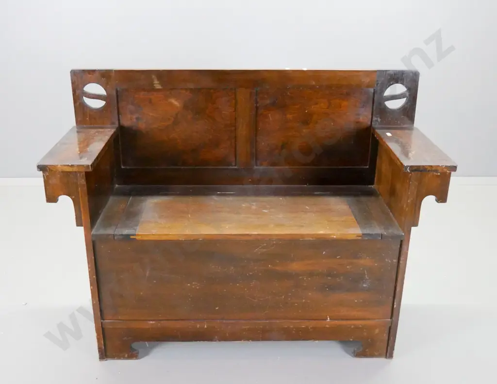 deco dark-stained beech hall seat / settle with storage - polish needs attention H875 W1165 D420 Image 1++