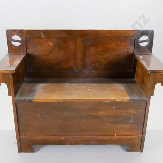 deco dark-stained beech hall seat / settle with storage - polish needs attention H875 W1165 D420