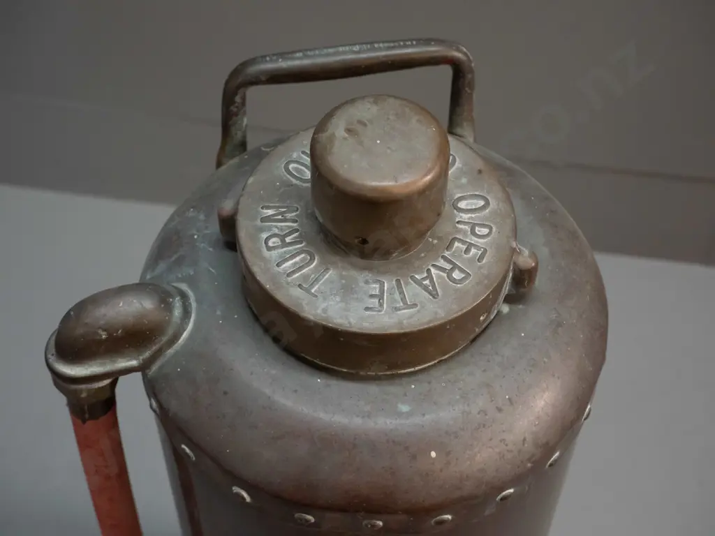 vintage copper and brass fire extinguisher with rubber hose - no maker's marks H-550 D-180 Image 1++