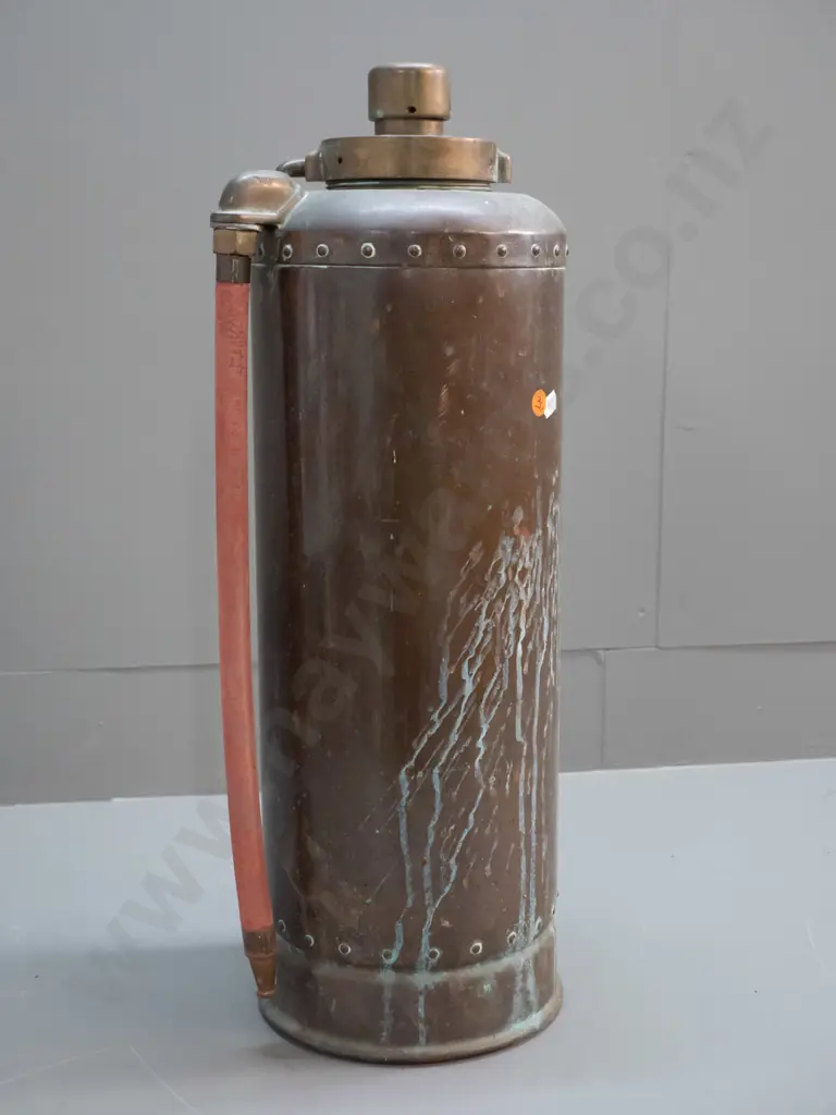 vintage copper and brass fire extinguisher with rubber hose - no maker's marks H-550 D-180 Image 1++