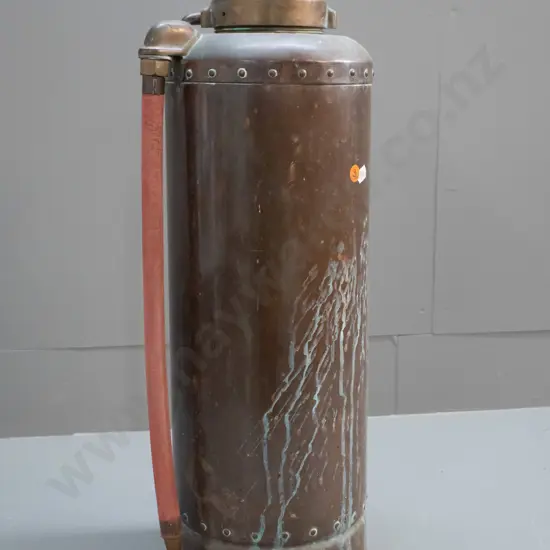 vintage copper and brass fire extinguisher with rubber hose - no maker's marks H-550 D-180