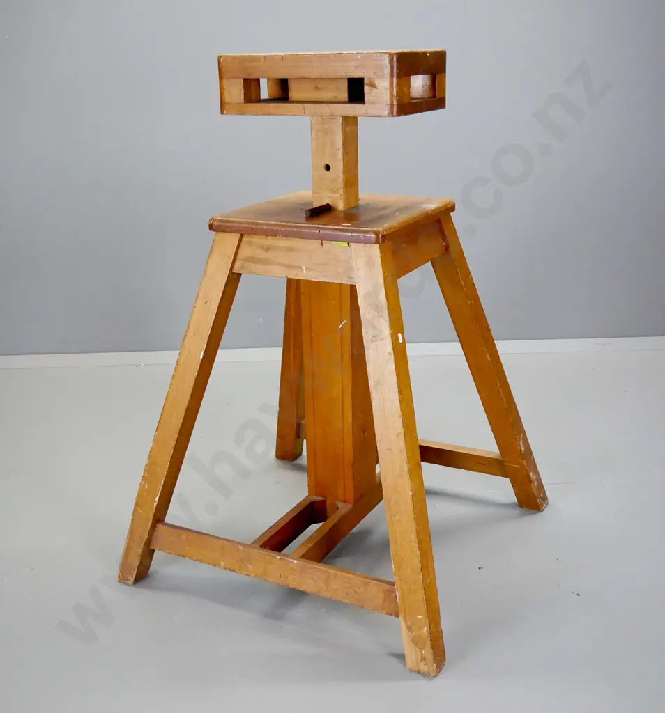 vintage timber adjustable height gymnasium stand with non-original support pegs - H875 at lowest setting W-740 D740 Image 1++