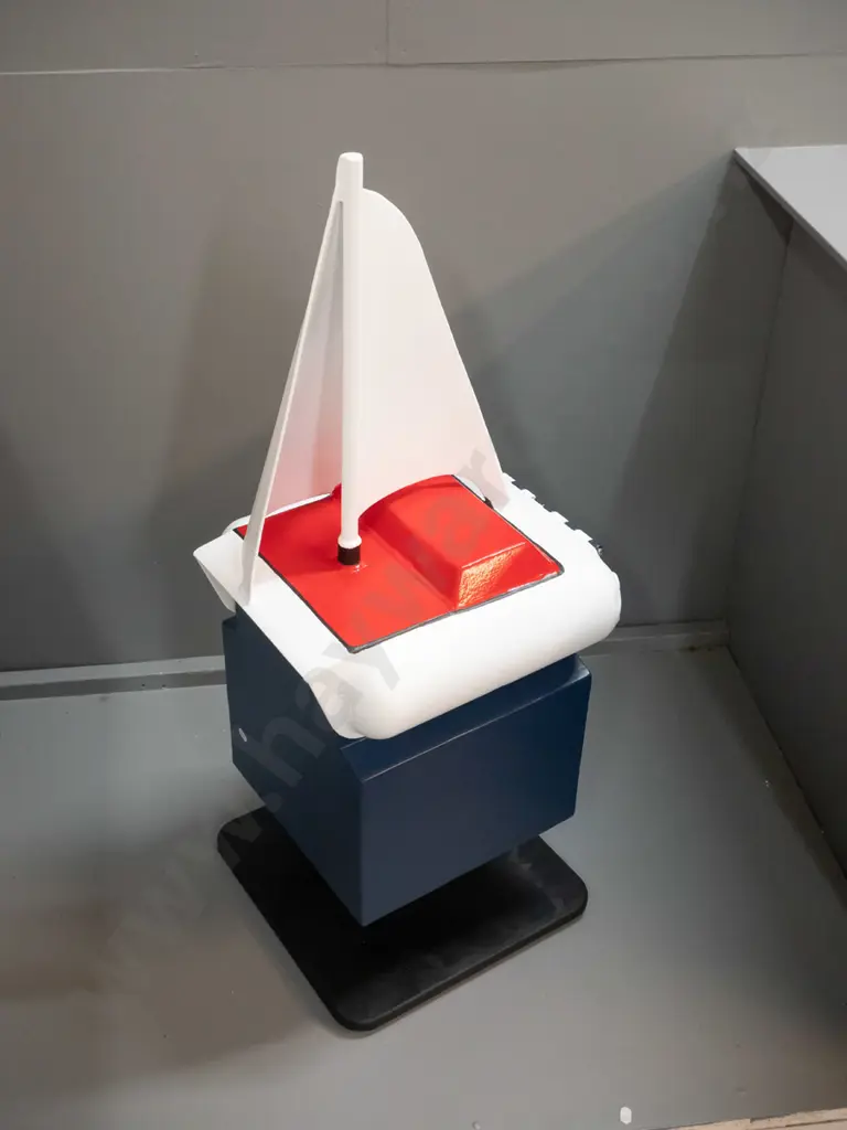 hand made yacht-themed letterbox with hinged lid, made from heavy steel parts including recycled fire Image 1++