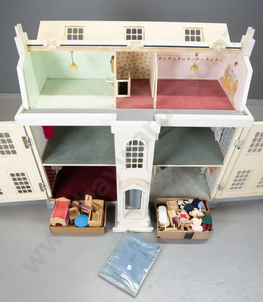 large Victorian style doll's house with fittings, curtains, wall decor, lamp shades, 3 hinged panels, plus book and some Image 1++