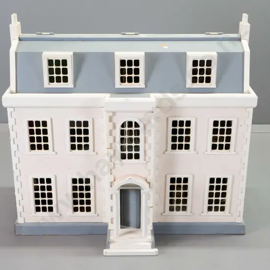 large Victorian style doll's house with fittings, curtains, wall decor, lamp shades, 3 hinged panels, plus book and some