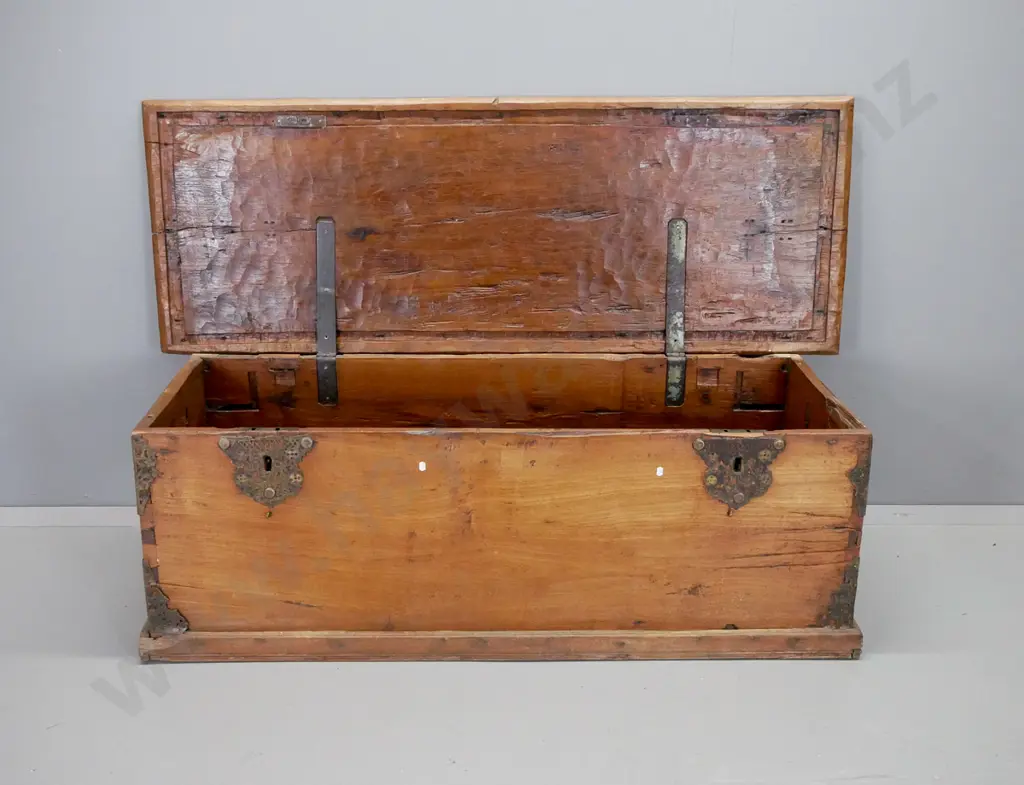 vintage large hardwood trunk with adzed top, brass filigree escutcheons, strapping, hinges & binding, forged iron Image 1++