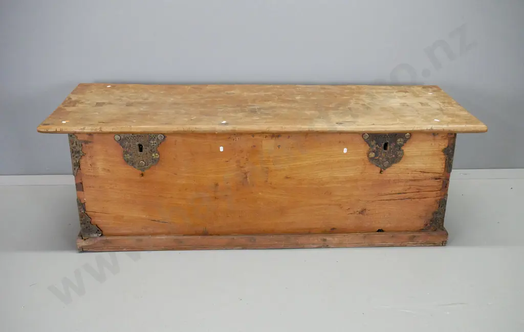 vintage large hardwood trunk with adzed top, brass filigree escutcheons, strapping, hinges & binding, forged iron Image 1++