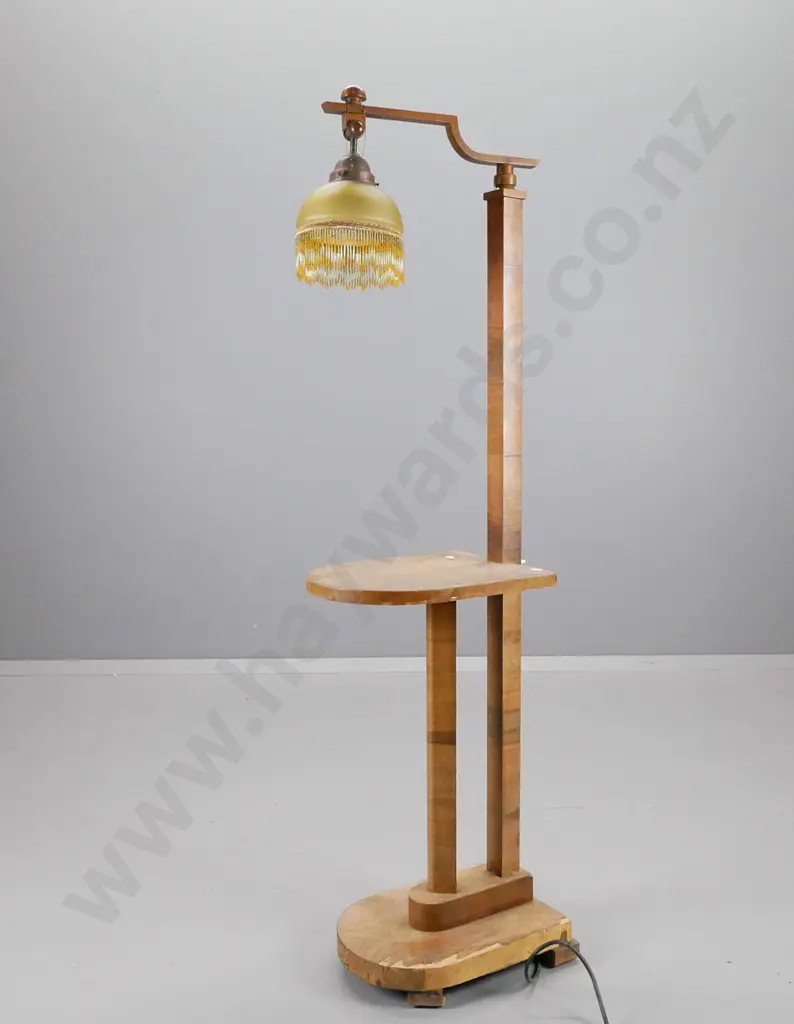 vintage oak side table & reading lamp with veneer finish, swivel lamp support, glass shade w/beaded fringe, copper Image 1++