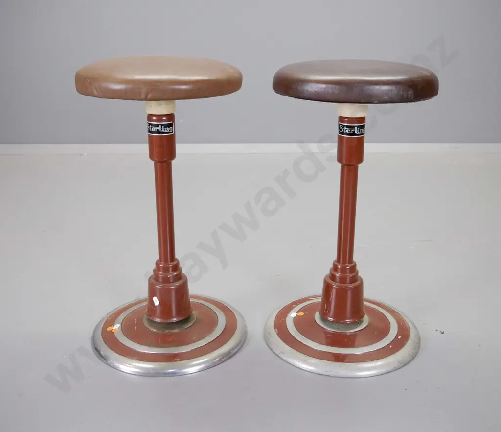 pair of Sterling brand vintage vinyl-upholstered swivelling stools on metal and cast iron bases H540 D290 Image 1++