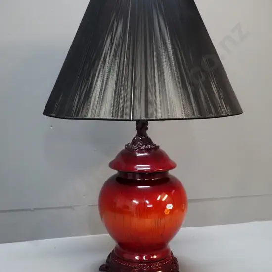 composite table lamp with lacquer red finish, black threaded shade, sticker on base 'Italian Design' - small chip, cord
