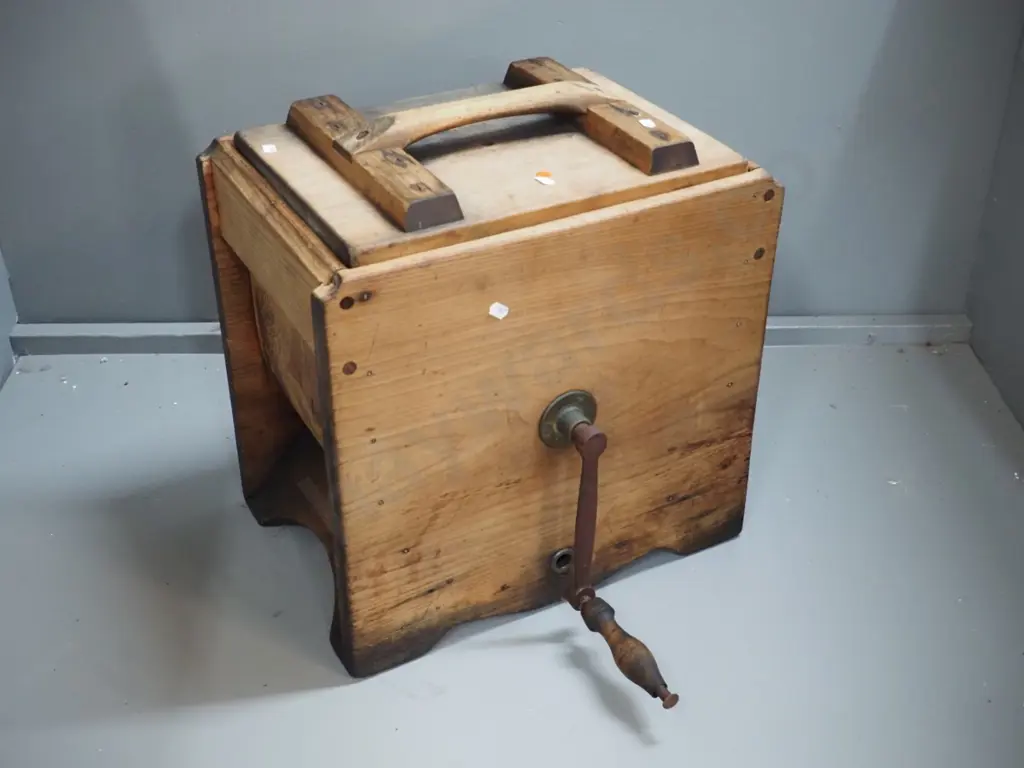 vintage timber butter churn, has cast iron handle with wooden grip - corrosion, wear and staining H-450 D-440 W-310 Image 1++