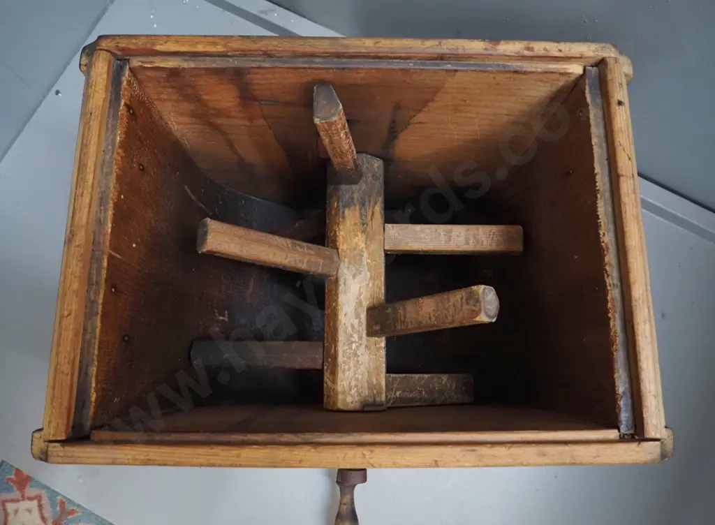 vintage timber butter churn, has cast iron handle with wooden grip - corrosion, wear and staining H-450 D-440 W-310 Image 1++