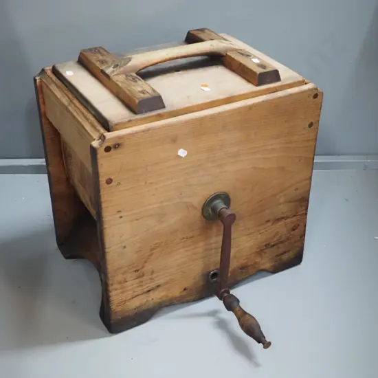 vintage timber butter churn, has cast iron handle with wooden grip - corrosion, wear and staining H-450 D-440 W-310