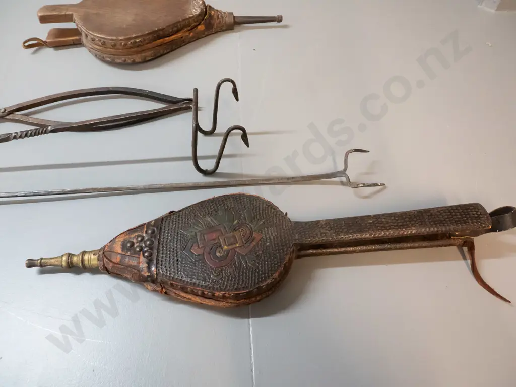 3 forged fireside tools, one with ram's head handle, and 2 vintage bellows, one in restorer's condition. Longest fork is Image 1++