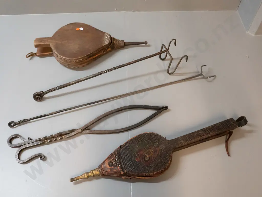 3 forged fireside tools, one with ram's head handle, and 2 vintage bellows, one in restorer's condition. Longest fork is Image 1++