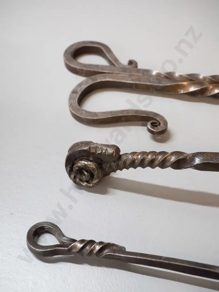 3 forged fireside tools, one with ram's head handle, and 2 vintage bellows, one in restorer's condition. Longest fork is Image 1++