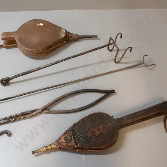 3 forged fireside tools, one with ram's head handle, and 2 vintage bellows, one in restorer's condition. Longest fork is