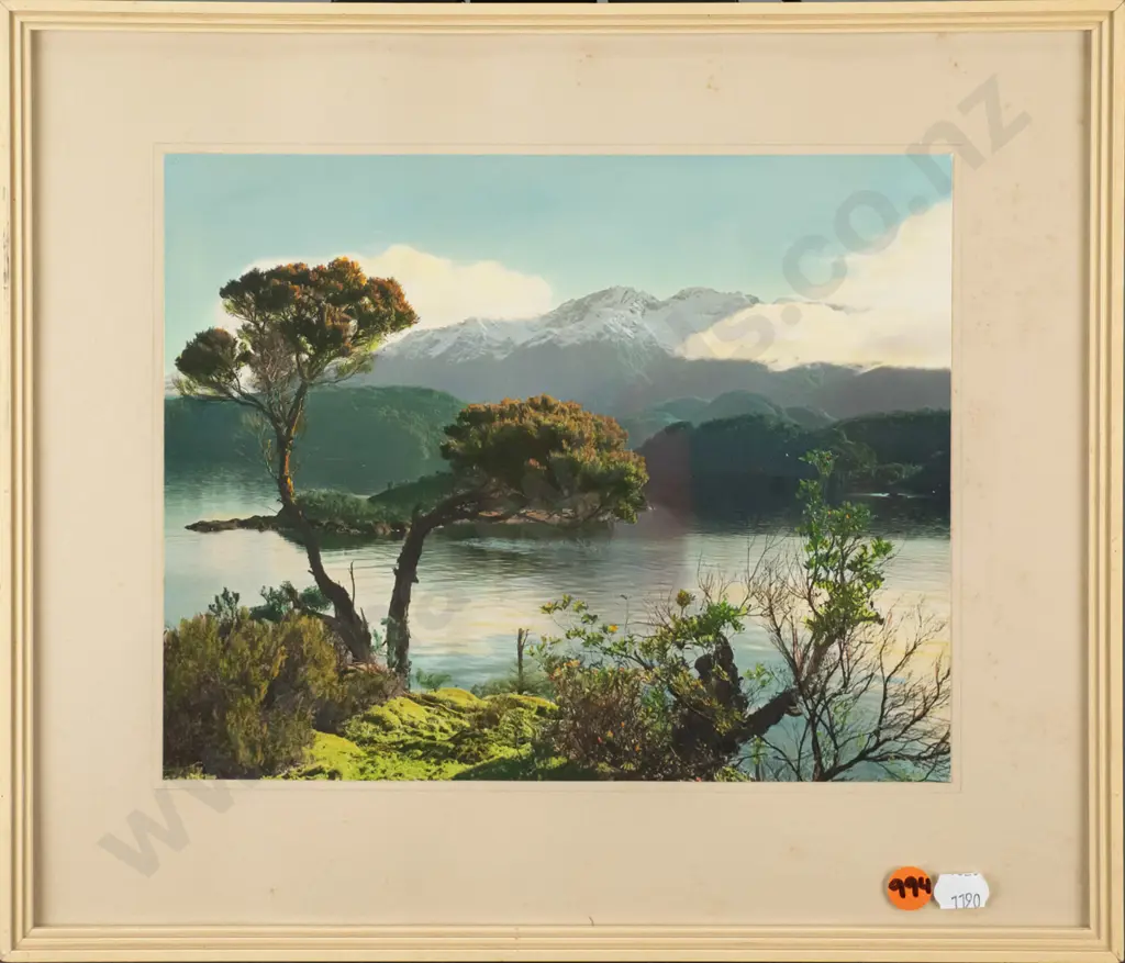 framed vintage hand coloured photograph - lake and mountain scene H-200 W-240 (slight foxing to mat) Image 1++