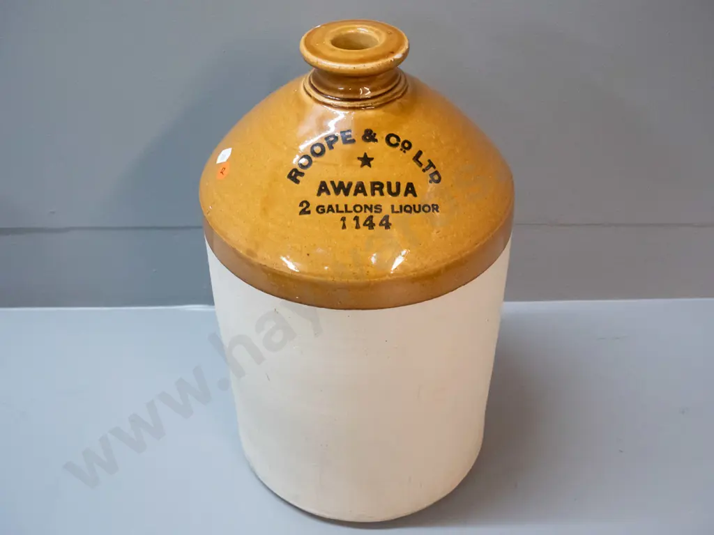 2 gallon narrow mouth stoneware crock marked Roope & Co Ltd Awarua - H-400 Image 1++