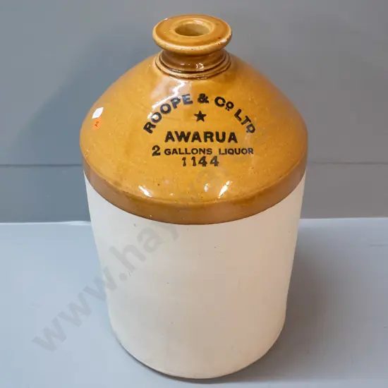 2 gallon narrow mouth stoneware crock marked Roope & Co Ltd Awarua - H-400