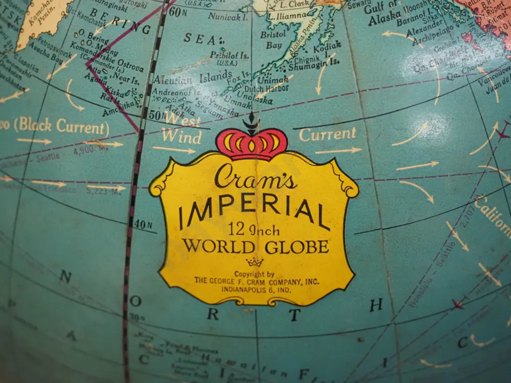 retro world globe on metal base ' George F. Cram - Indianapolis USA' - some lifting around seam H-400 D-300 Image 1++