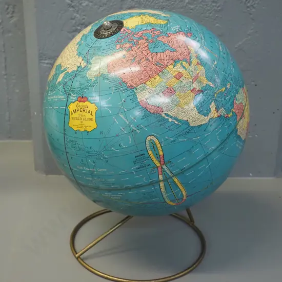 retro world globe on metal base ' George F. Cram - Indianapolis USA' - some lifting around seam H-400 D-300