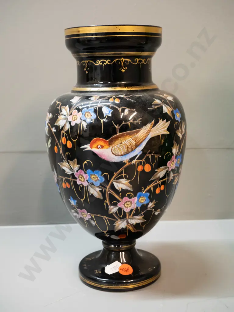 vintage vase - black glass with applied enamel bird & flower decoration H-270 Image 1++