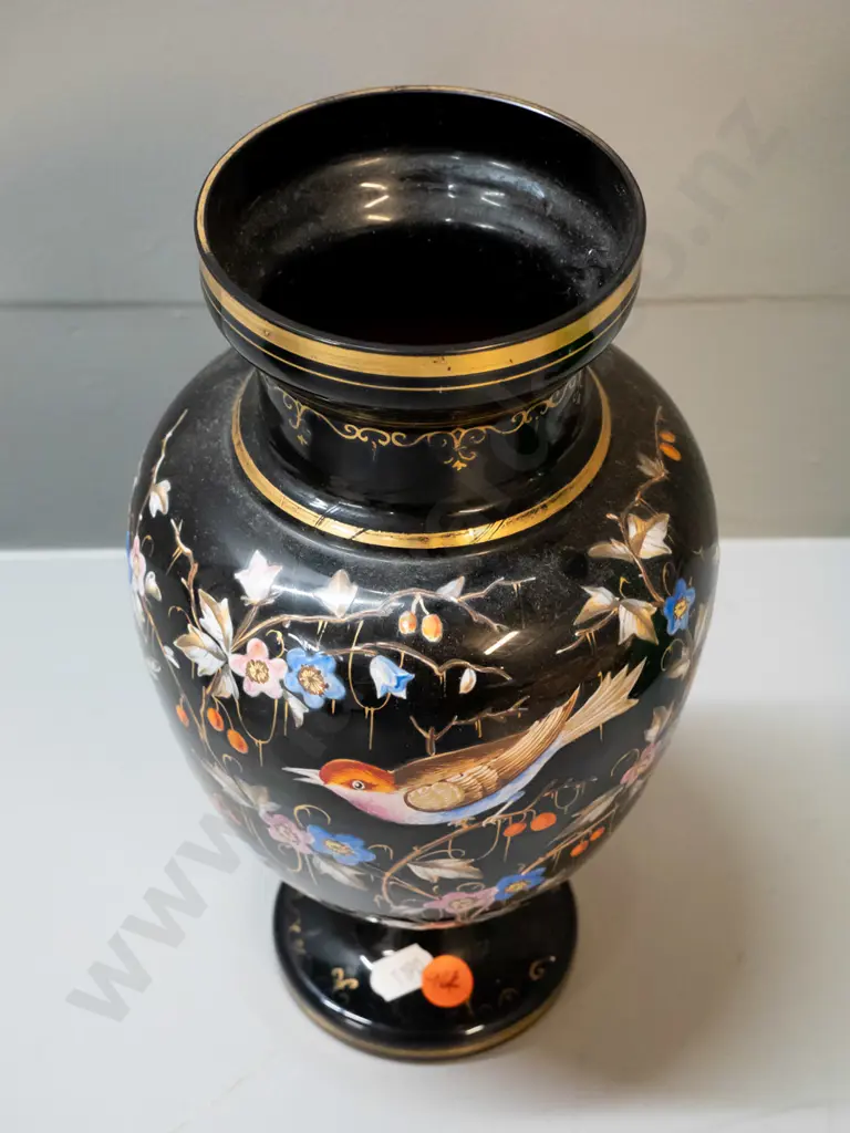 vintage vase - black glass with applied enamel bird & flower decoration H-270 Image 1++