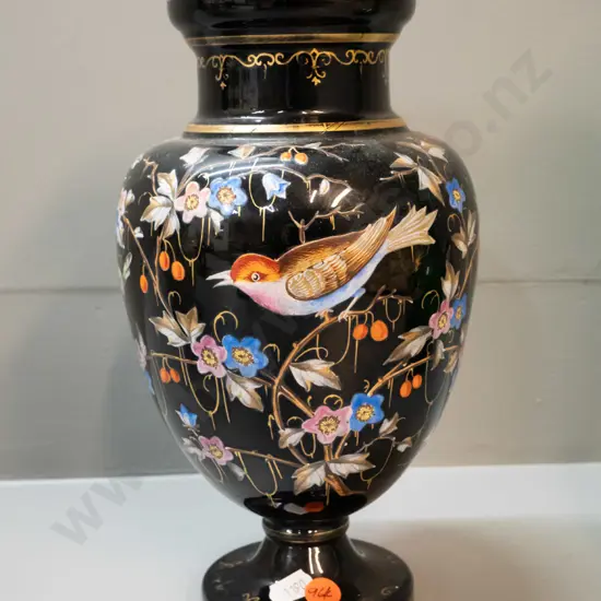 vintage vase - black glass with applied enamel bird & flower decoration H-270