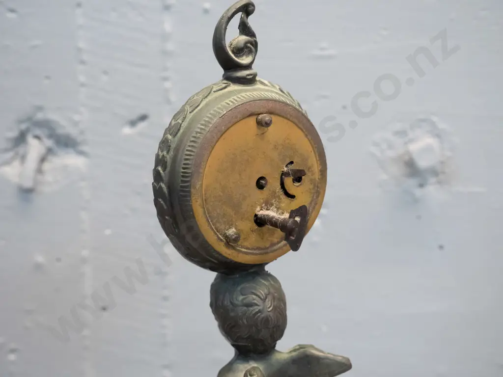 cast metal figural mantel clock with built-in winder - movement marked Germany H-300 Image 1++
