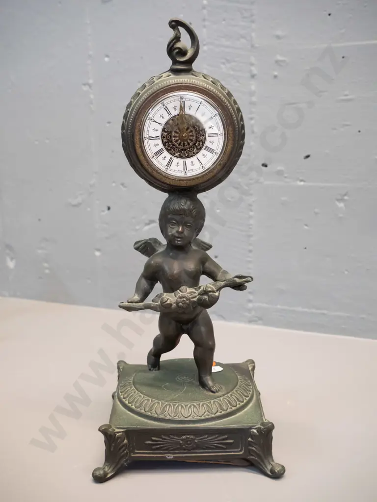 cast metal figural mantel clock with built-in winder - movement marked Germany H-300 Image 1++