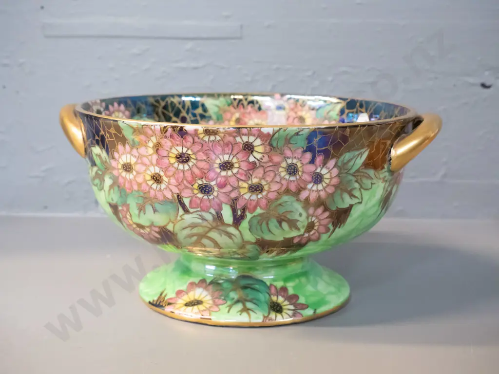 Maling "Daisy" pattern green glaze thumbprint double-handled comport bowl H-120 D-240 Image 1++