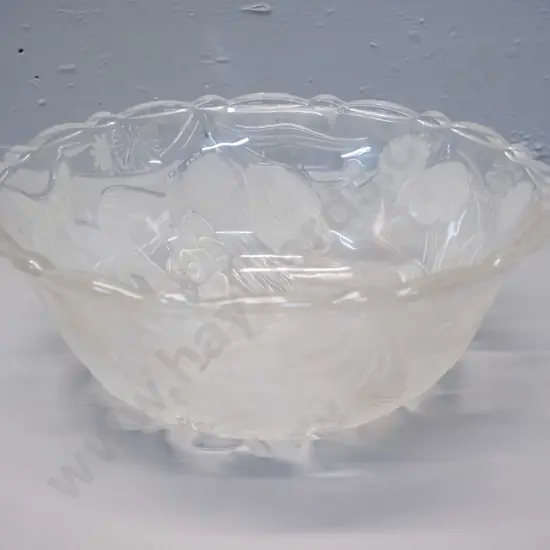 Lalique-style glass bowl with raised and frosted bird and flower pattern H-100 D-265