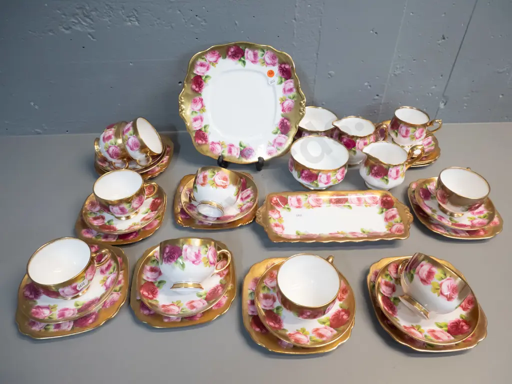 Royal Albert Old English Rose heavily gilded tea set with 10 trios (one non matching) cake plate, jugs etc Image 1++